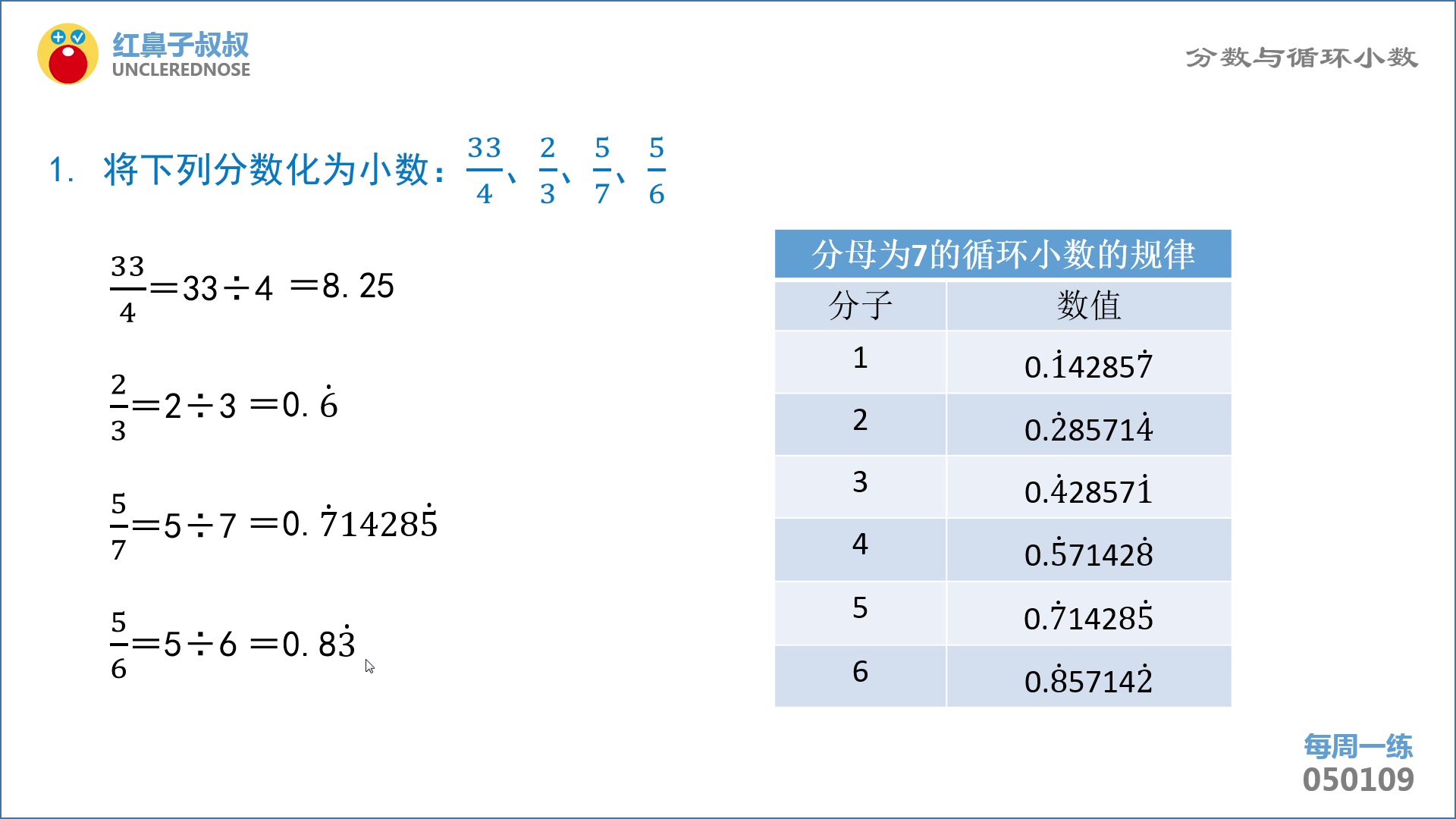 [图]红鼻子叔叔奥数五年级上学期第9讲：《分数与循环小数》