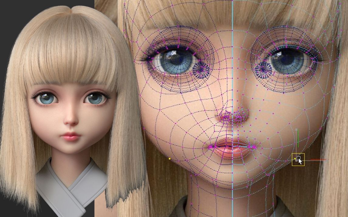 【maya人物建模】卡通"金发萝莉"模型制作,超详细人物布线卡线结构