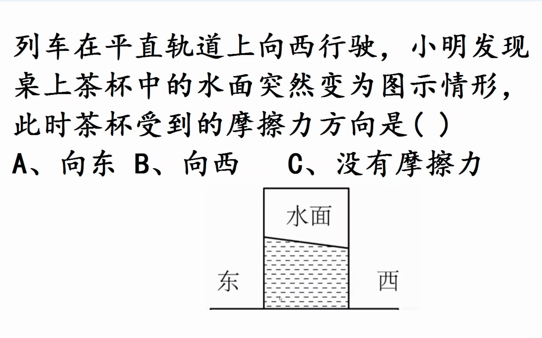 初中物理:列车向西行驶,茶杯受到的摩擦力方向是向哪?哔哩哔哩bilibili