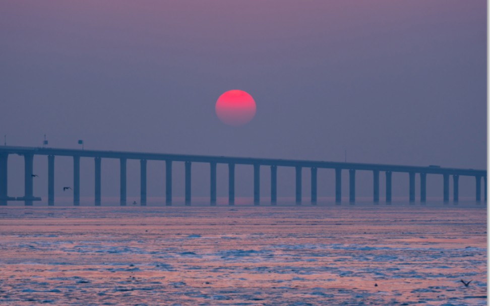 霧霾天取景器中的日落 | 索尼a7r2 騰龍28-200膠州灣跨海大橋日落