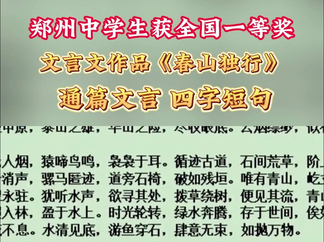 郑州中学生写文言文获全国一等奖,通篇文言,四字短句.网友:太厉害了小孩哥!哔哩哔哩bilibili