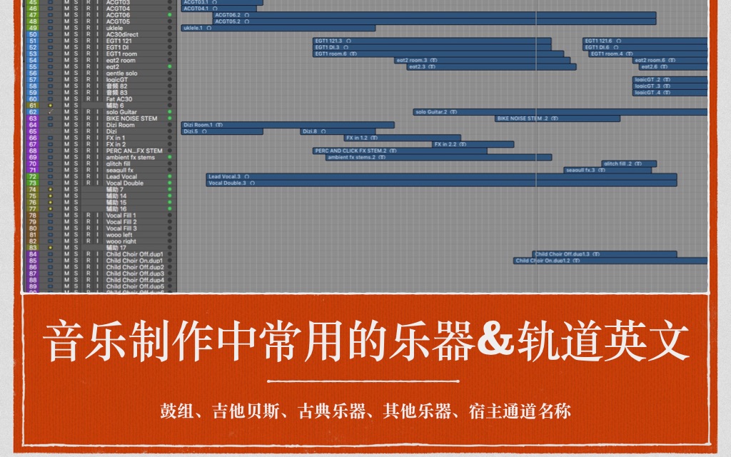 音乐制作人、录音混音师一定要掌握的:鼓组、吉他贝斯、古典乐器、其他乐器、宿主通道、英文命名名称和教程介绍 | Sam《音乐制作人全攻略》音乐学习...