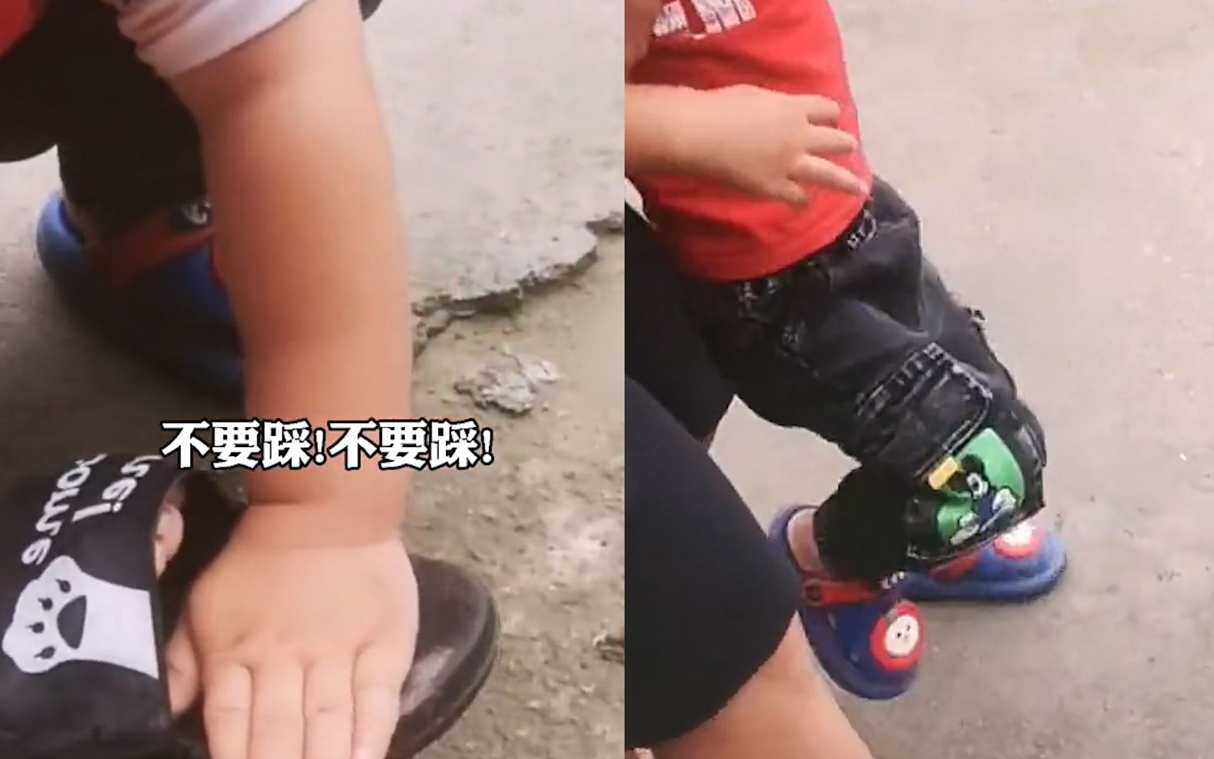 爸爸假装踩小青蛙萌娃跪地紧抱大脚大哭尖叫不要踩