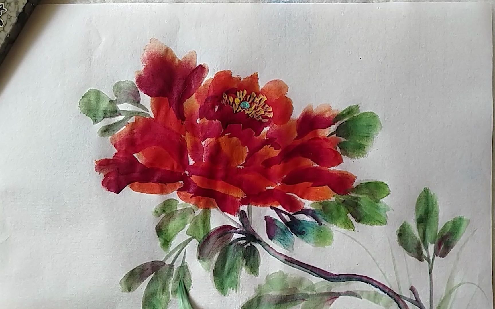 三笔定型画红牡丹花技法示范,层次分明笔法清晰