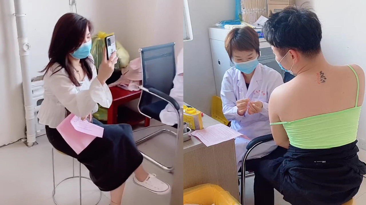男子穿上妻子的绿色吊带去打疫苗,护士小姐姐反应亮了_哔哩哔哩_bili