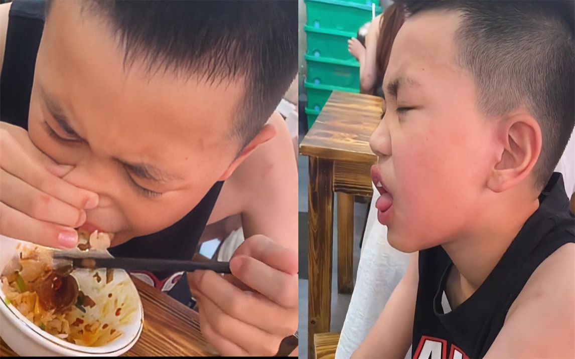 11岁男孩第3次来长沙,吃湘菜辣到表情失控,嘴唇辣肿仍捏鼻硬吃