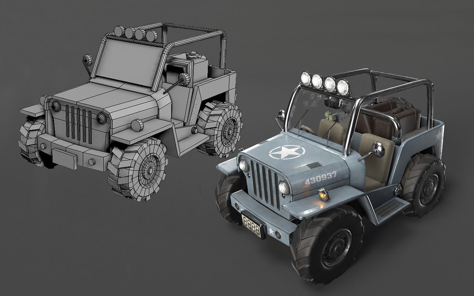 【3dmax建模】卡通"吉普车"模型制作,3d硬表面模型布线技巧讲解