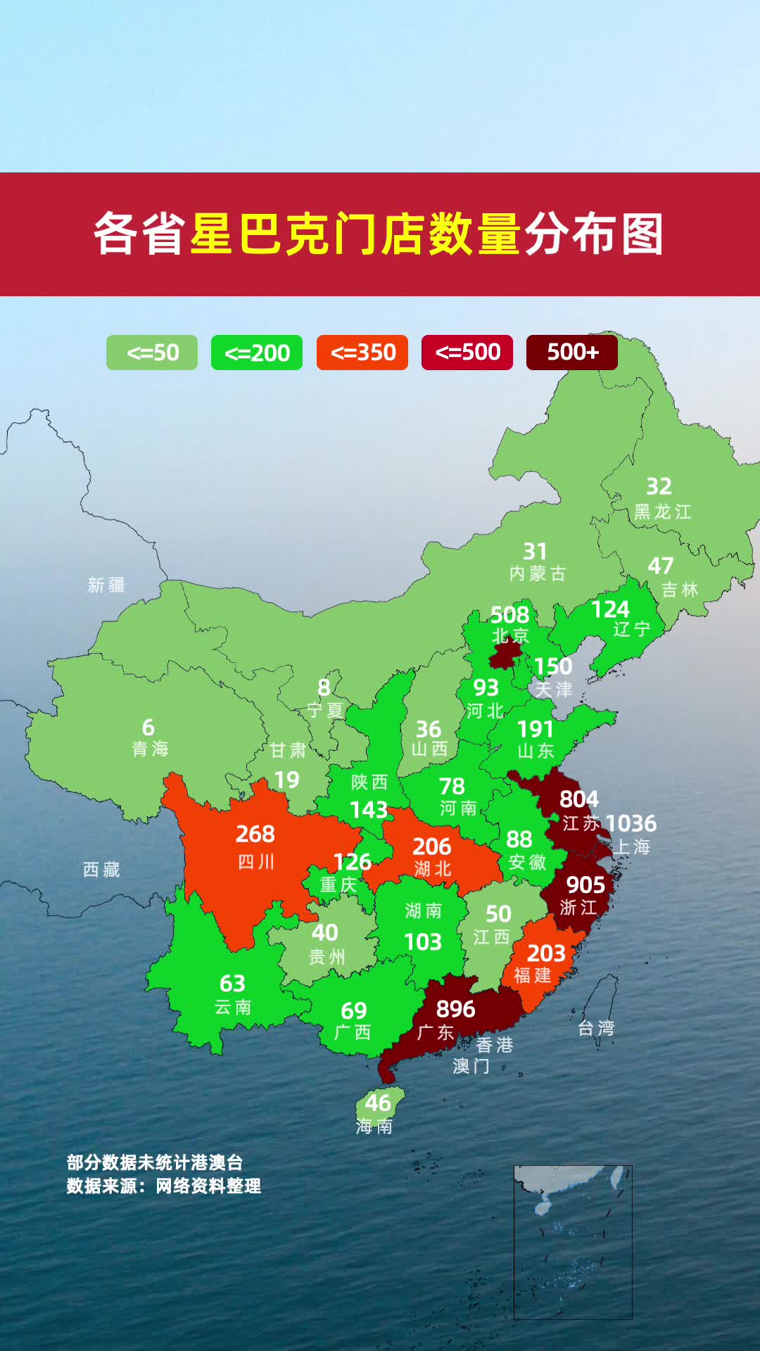 各省星巴克门店数量分布图