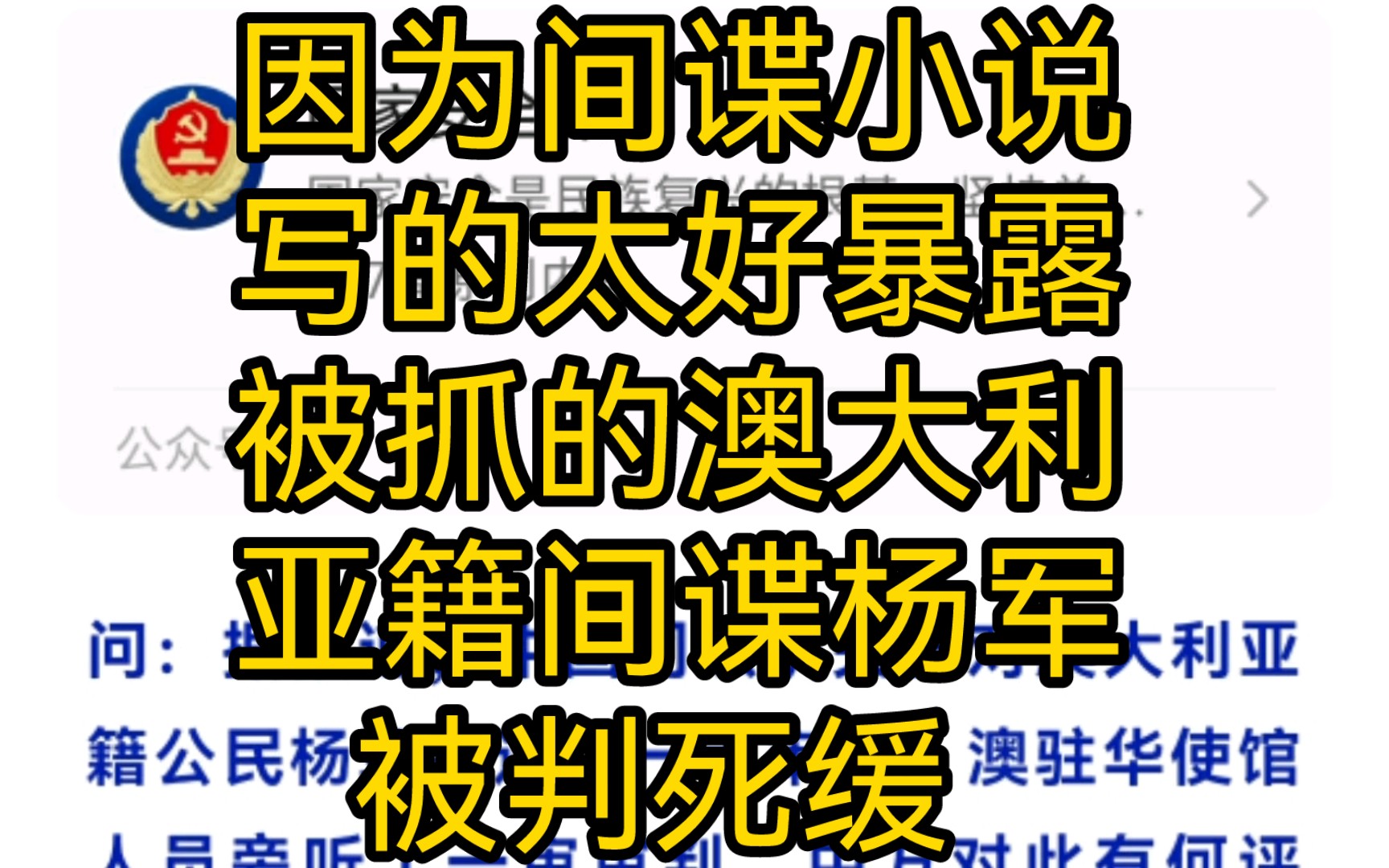 澳大利亚籍间谍杨军被判死刑,缓期二年执行.哔哩哔哩bilibili