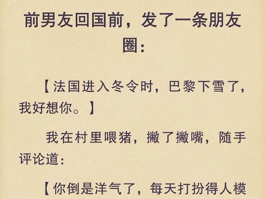 (全文)前男友回国前,发了一条朋友圈:【法国进入冬令时,巴黎下雪了,我好想你.】我在村里喂猪,撇了撇嘴,随手评论道哔哩哔哩bilibili