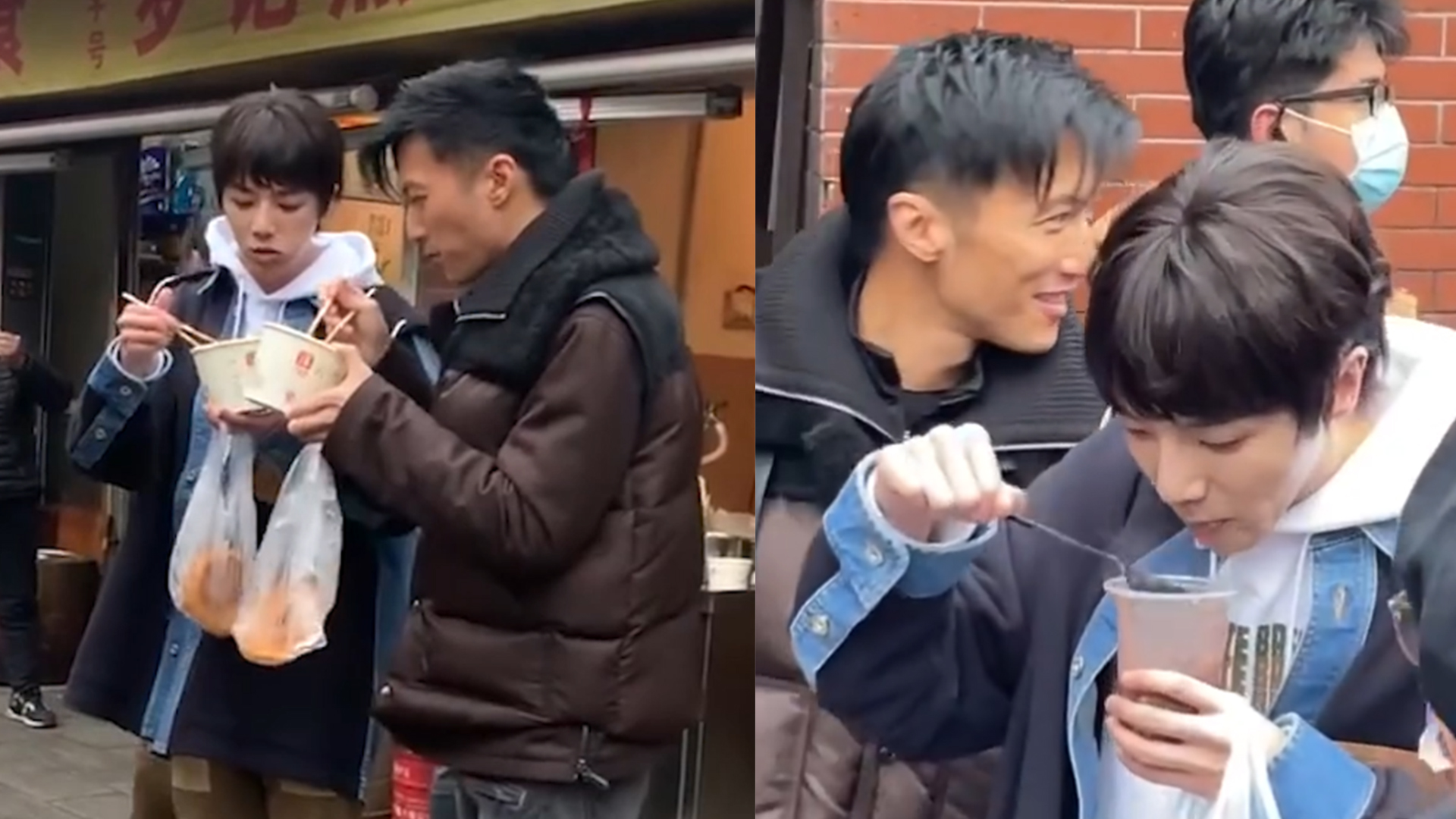 谢霆锋华晨宇路透,两人打扮低调买早餐,站街边吃热干面超接地气