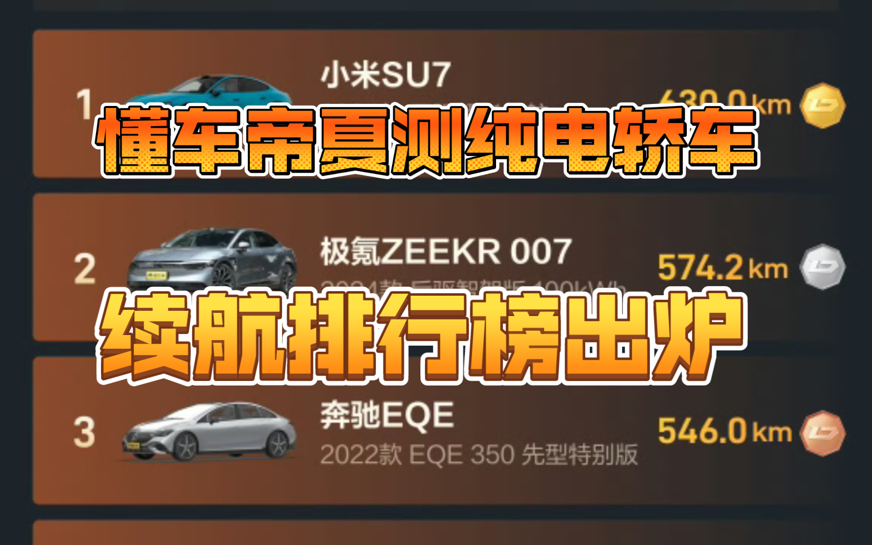 懂车帝夏测纯电轿车续航排行!小米第一,极氪第二哔哩哔哩bilibili