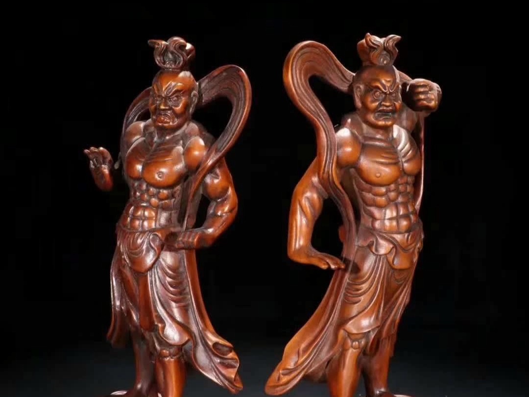 黄杨木雕哼哈二将摆件