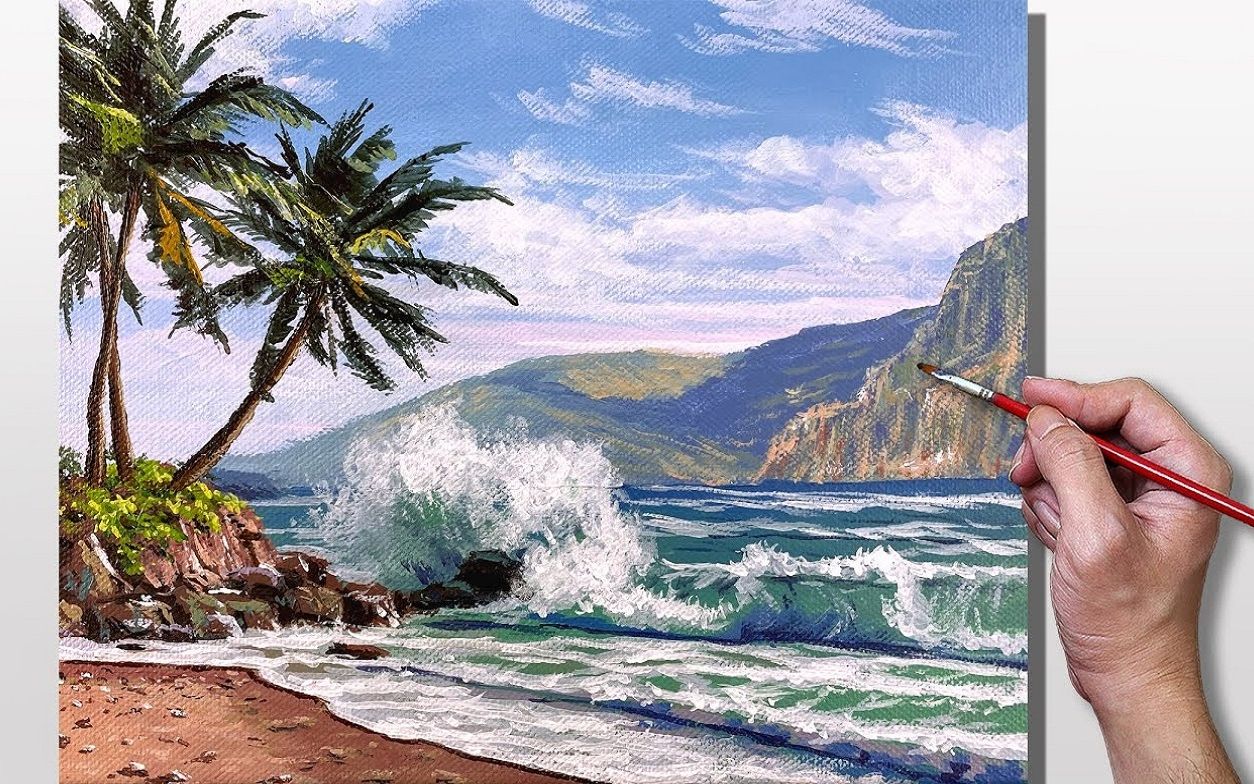 丙烯画绘画教程中字海边的棕榈树acrylicpaintingpalmtreeisland