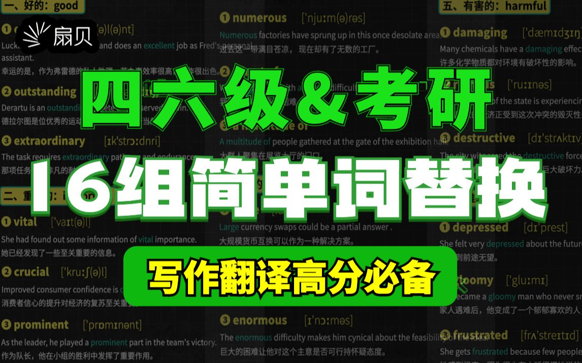 【考前救急】四六级考研作文16组高级替换词|同义词简单词替换附英文例句|写作翻译高分必备|学英语背单词App|扇贝单词英语版哔哩哔哩bilibili