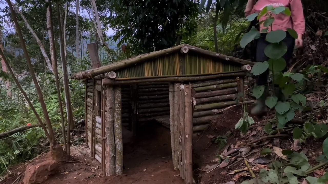 荒野建造独自一人在深山中建造小木屋独居生存~!