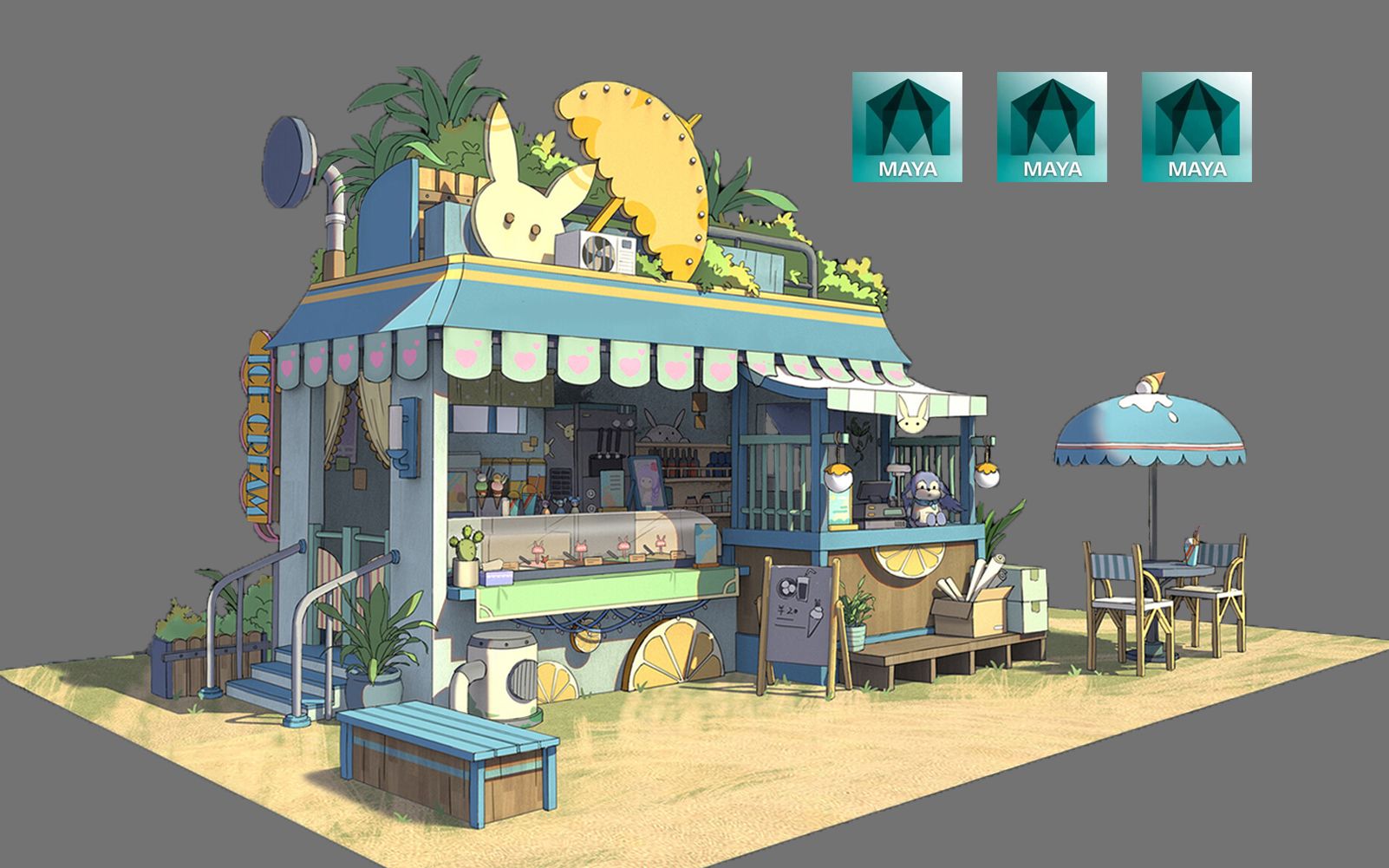【maya场景建模】卡通小商店模型制作,零基础场景建模,布线与渲染详细