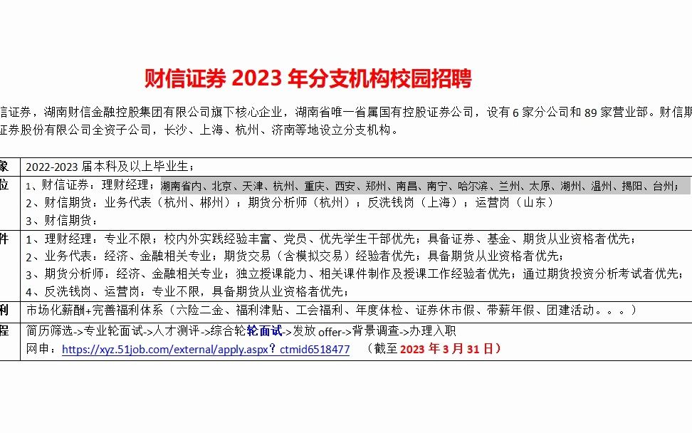 财信证券2023年分支机构校园招聘哔哩哔哩bilibili