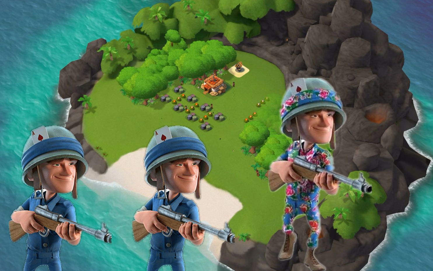 海岛奇兵冒险记,大兵和小兵们从右侧登陆岛屿攻陷了敌方司令部