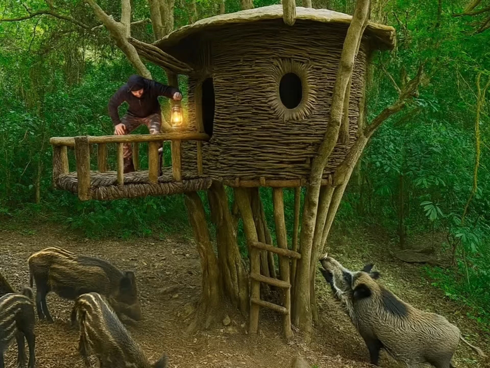 独自在森林里树上建造一座温馨的小房子