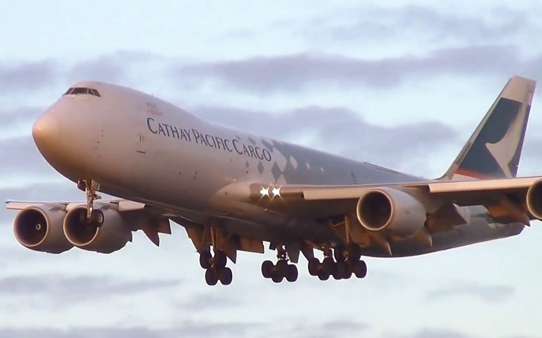 国泰航空波音7478fblja香港贸易者号傍晚降落波特兰国际机场唯美