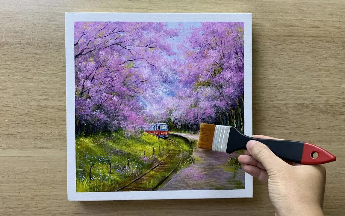 [图]【丙烯画】【Wow Art】【中字】樱花盛开时的观光列车-日常挑战200