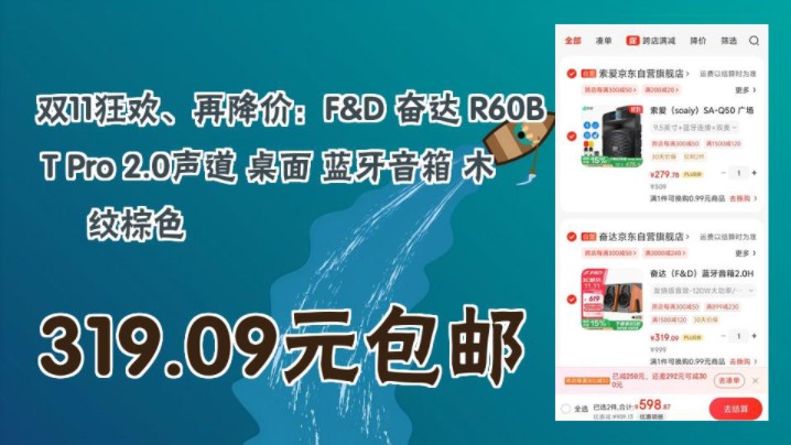 【319.09元包邮(需plus会员)】 双11狂欢、再降价:F&D 奋达 R60BT Pro 2.0声道 桌面 蓝牙音箱 木纹棕色哔哩哔哩bilibili