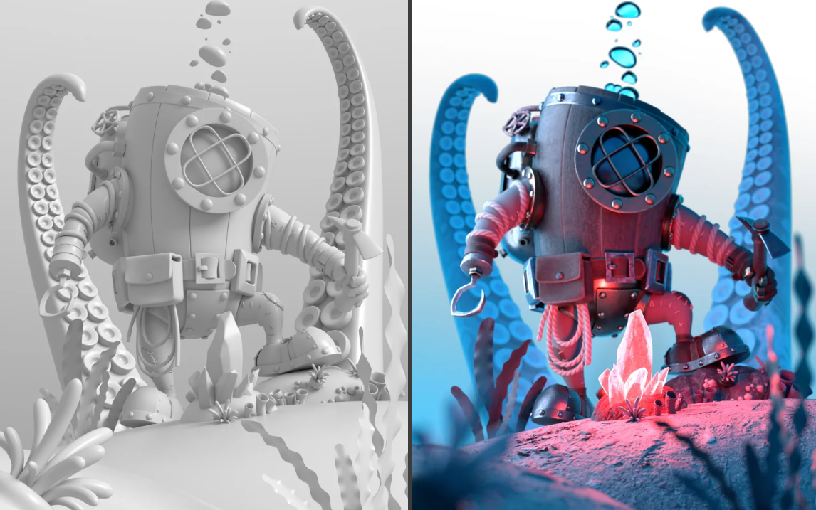 【3dmax道具】海底的章鱼机器人,次时代场景道具制作教学,零基础学3d