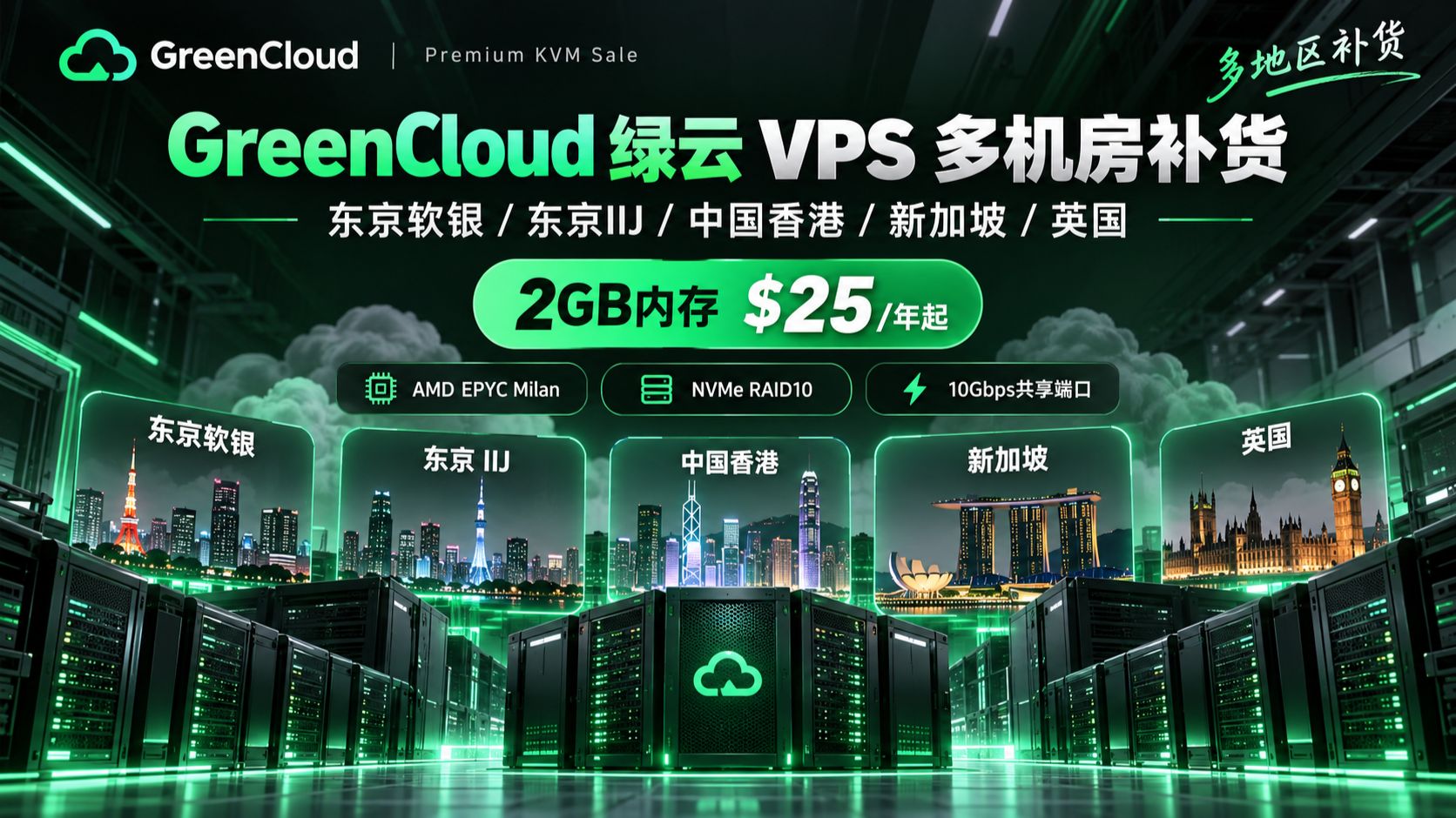 绿云多机房补货!GreenCloud:东京软银 / IIJ、港新英,2GB $25 / 年起