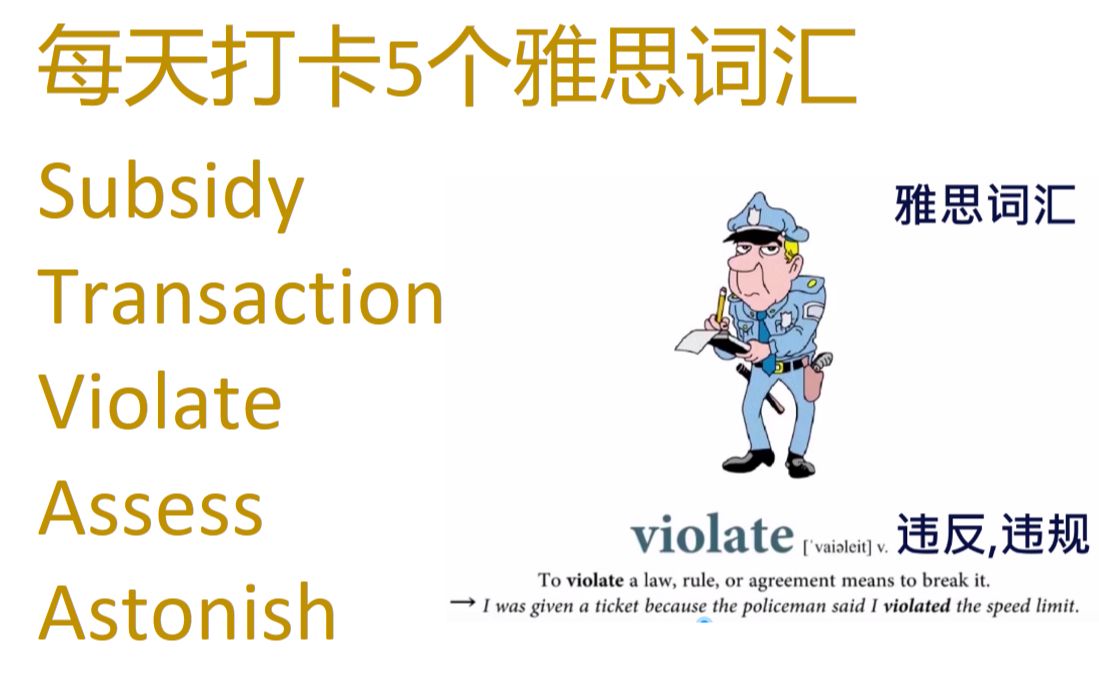 每天打卡5个雅思词汇 subsidy, transaction, violate, assess, astonish哔哩哔哩bilibili