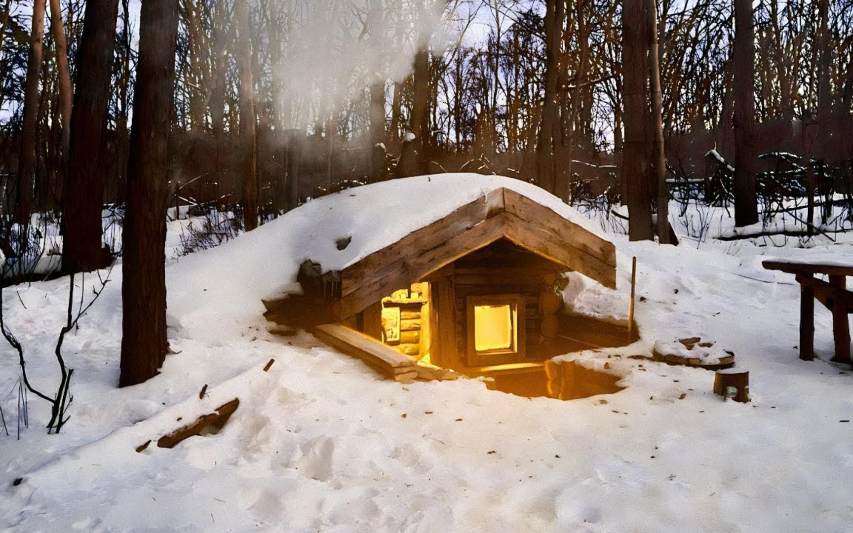 野外生活,中年男子挖建了地下木屋,外面冷风刺骨,里面却热到暴汗