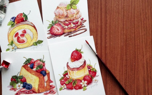 水彩/美食〕4种诱人的水果甜品/水彩画绘画过程(*07╰╯`21)