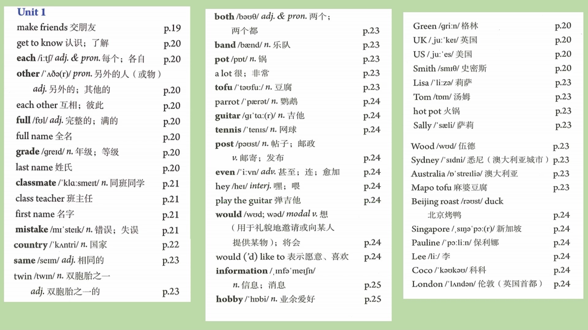 初中七年级英语课后单词朗读 unit 1 人教新版