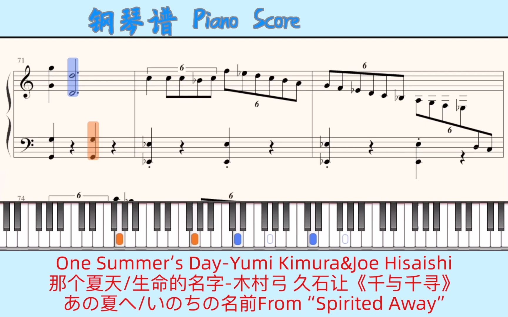 [图]One Summer’s Day-Yumi Kimura&Joe Hisaishi?Piano Score钢琴谱 指法?那个夏天 生命的名字-木村弓《千与千