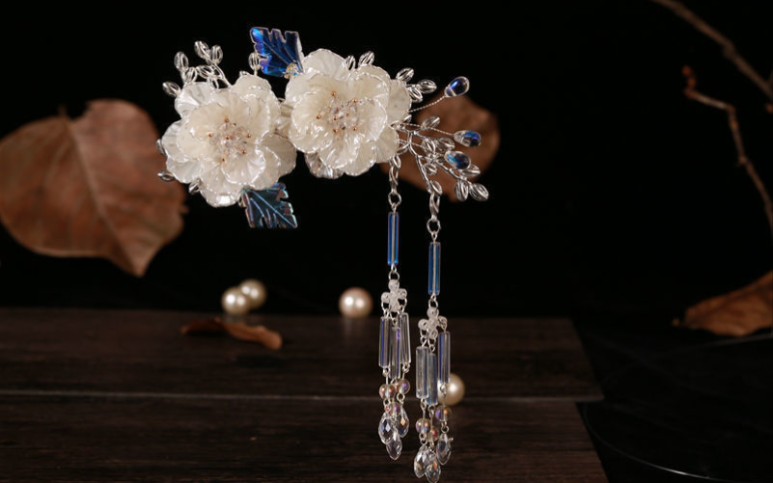 古风七彩琉璃发夹栀子花长款流苏发夹古装汉服发饰唯美清新对夹仙