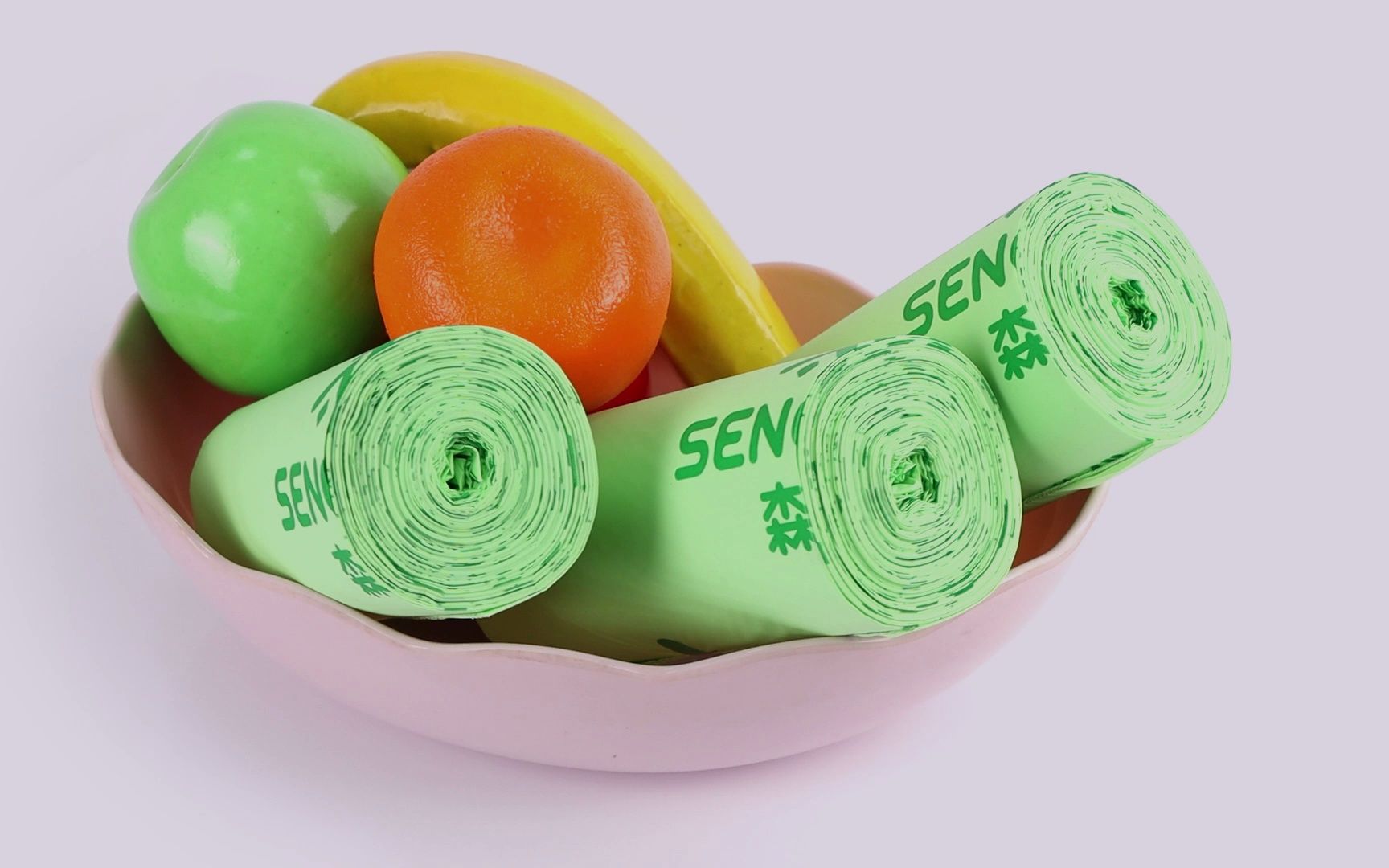 绿色产品,绿色生活,大平口绿色降解袋,圆底平口,易开易合;断点设计