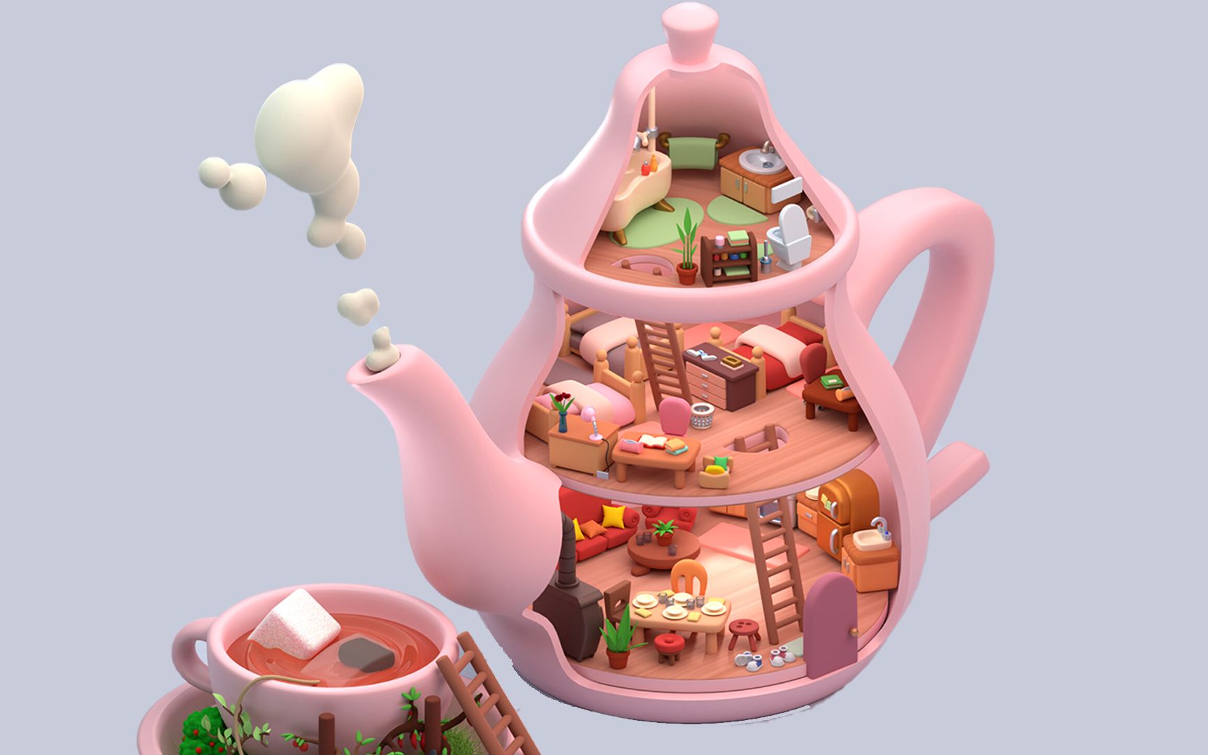 甜到冒泡泡的茶壶房模型制作,小白必看全流程小场景制作【3dmax场景