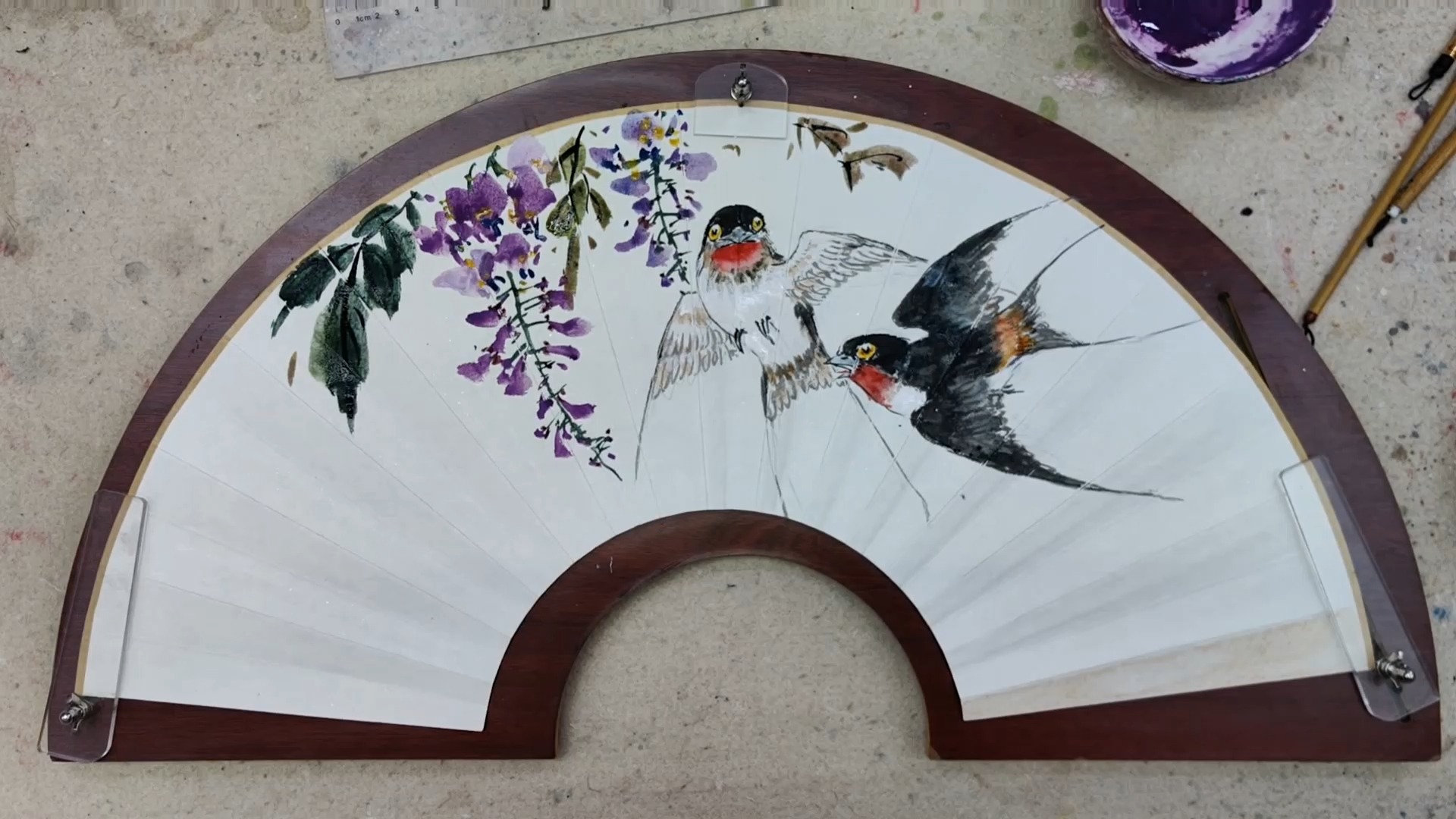 《春》双燕紫藤花组合扇面国画