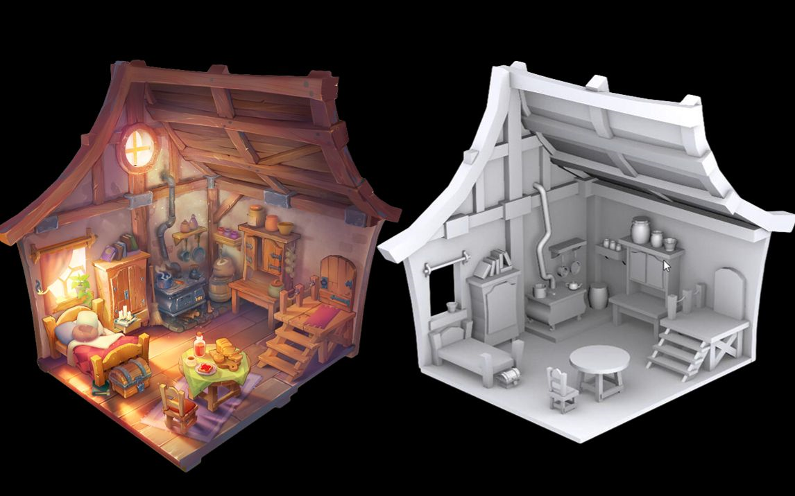 场景建模】 简单小木屋建筑模型 零基础建模案例讲解,木质结构布线