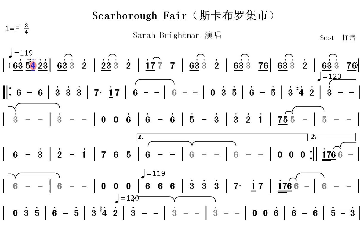 [图]Scarborough Fair（斯卡波罗集市）--莎拉·布莱曼演唱--动态简谱