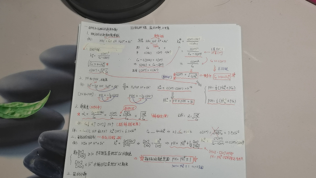 [图]无机化学-水溶液三大平衡，弱酸碱的电离，盐的水解，水电离，pH和pOH的含义，氢离子浓度近似计算公式，解离度，水解度，稀释定律，酸碱指示剂的变色范围公式