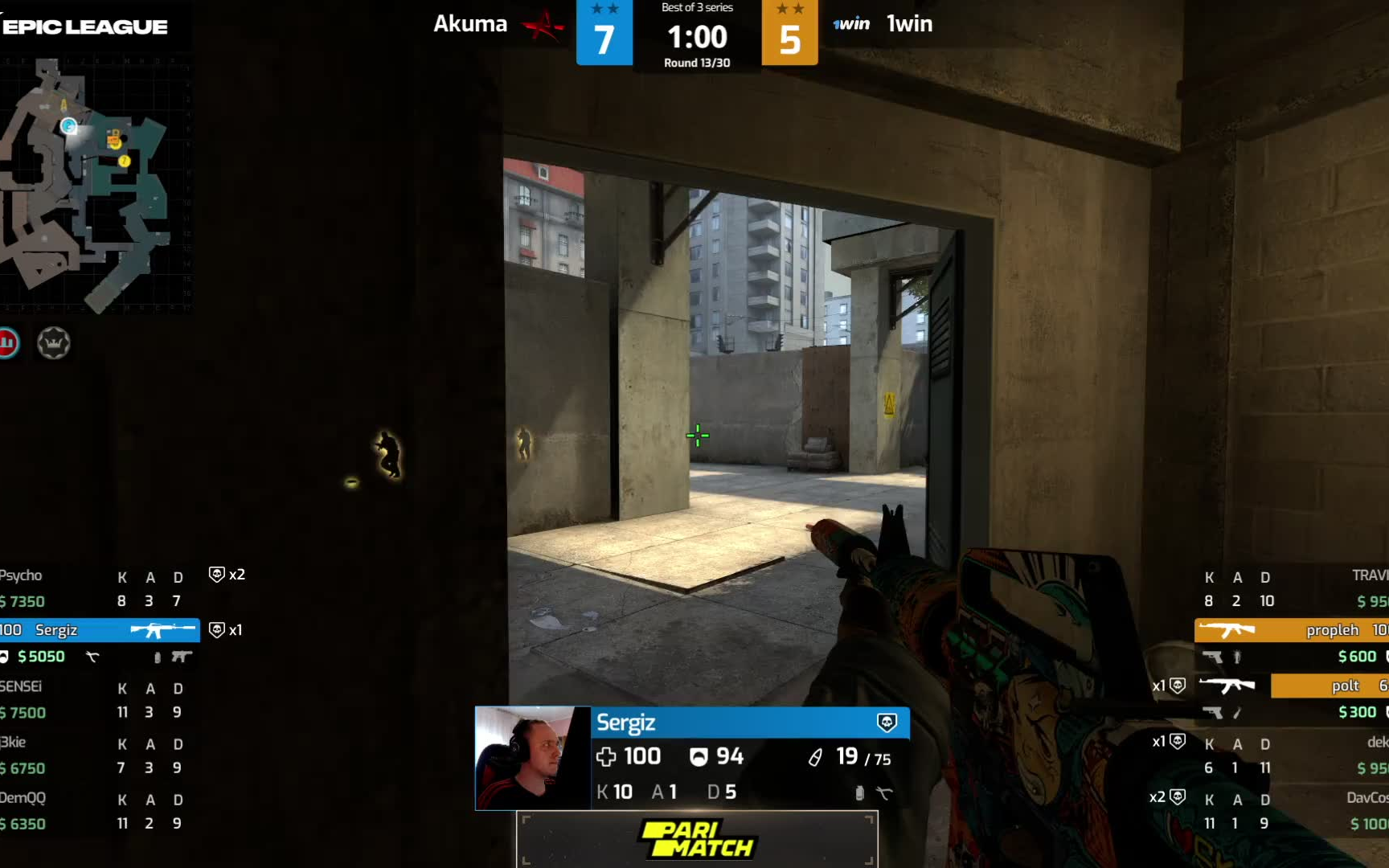 【职业哥锤akuma疑似作弊镜头#2】sergiz残局1v2 转头看雷达_csgo