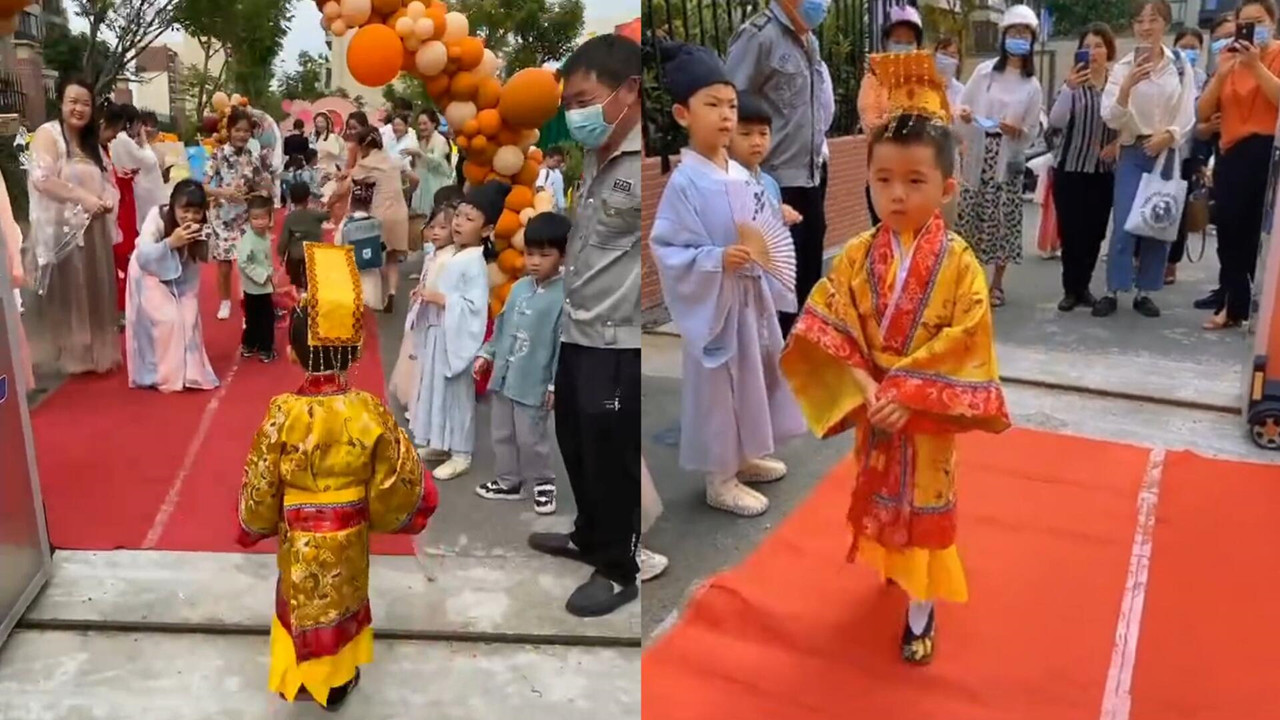 幼儿园举办汉服活动,男孩穿皇帝装入场霸气十足,老师们瞬间看懵哔哩哔哩bilibili