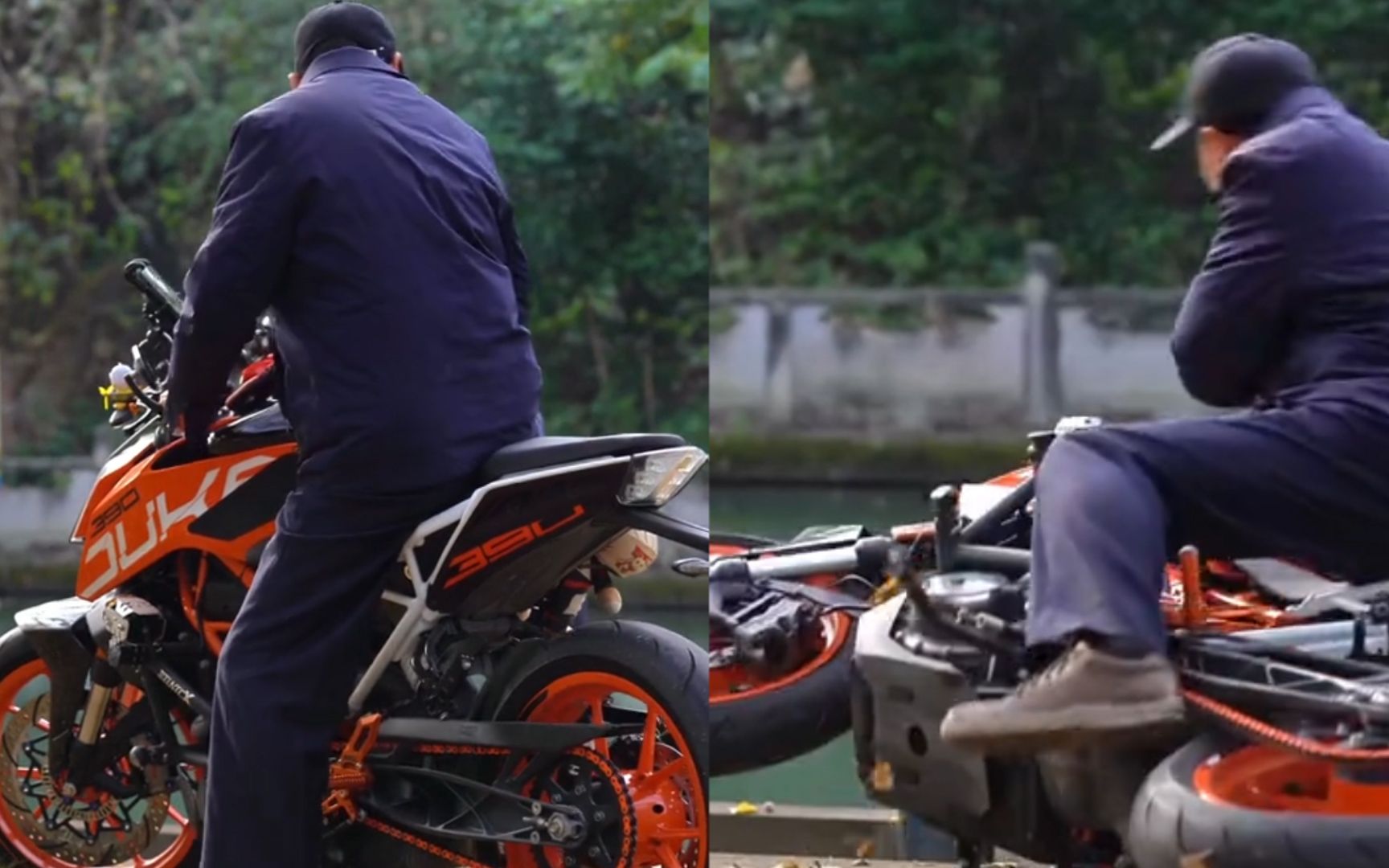 大爷与摩托合照连人带车摔倒,人无大碍车损坏,大爷儿子主动道歉赔偿