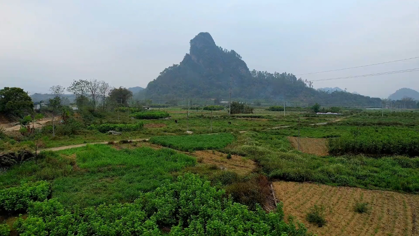 航拍廣西上林大豐鎮雲城村豬頭山,拔地高聳,似乎在守護著村子.