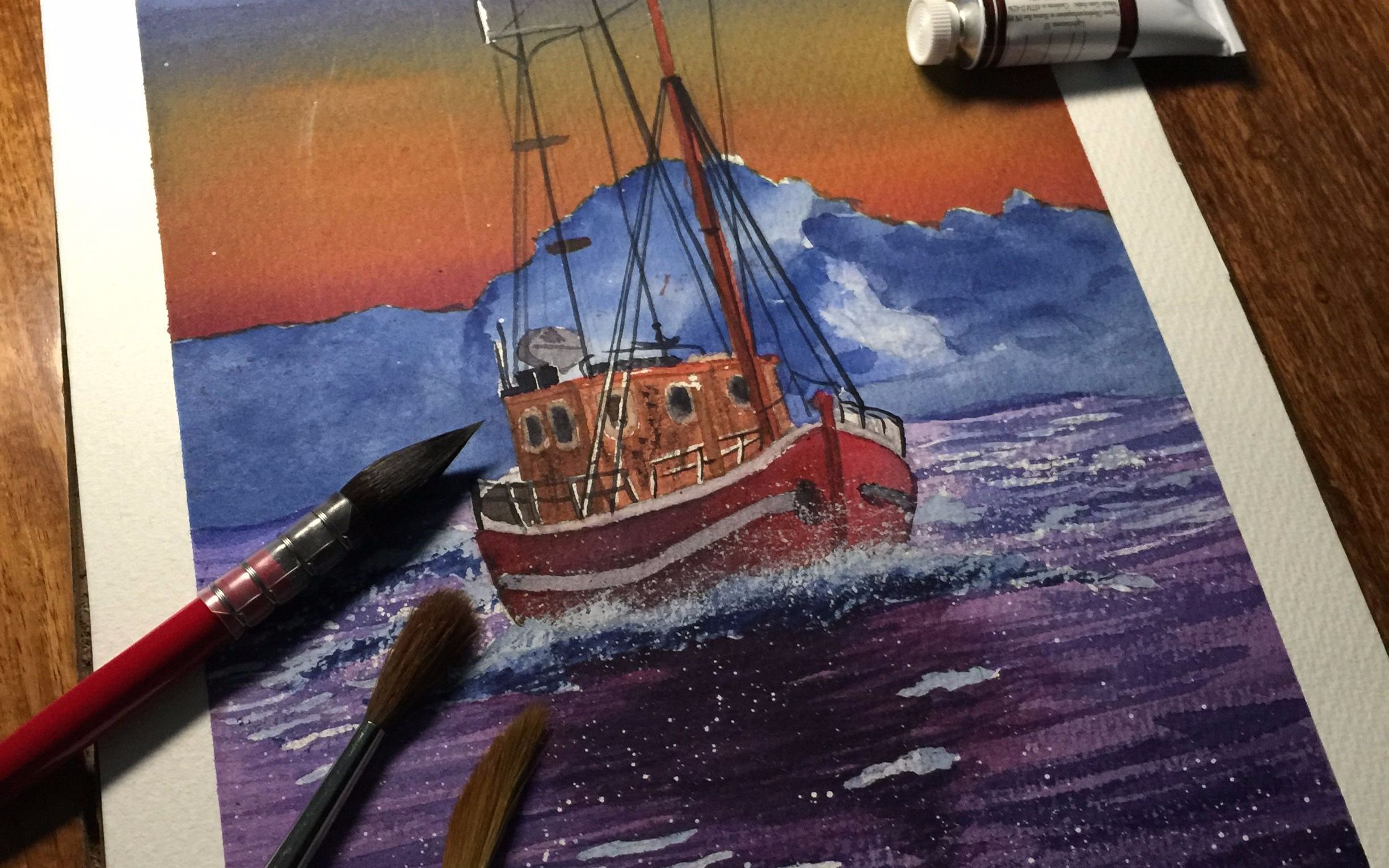 水彩风景——梦幻海港 行驶中的小船_哔哩哔哩 (゜