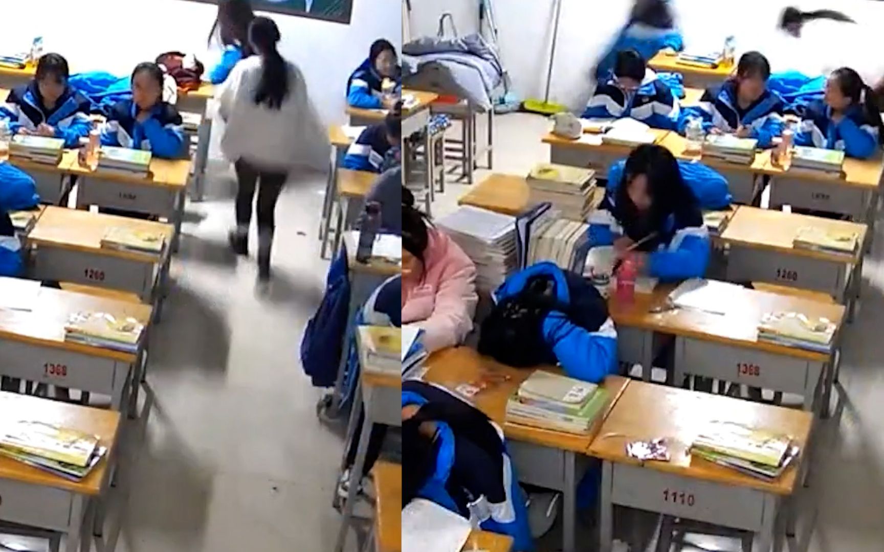 俩女生教室追逐打闹，下秒四肢腾空同步摔倒，动作整齐逗乐全班