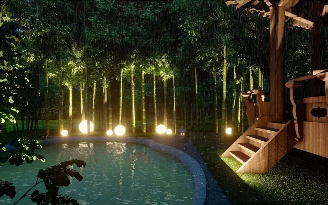 【白噪音】超长8小时丨夜晚的竹林温泉(下雨声 刮风声)