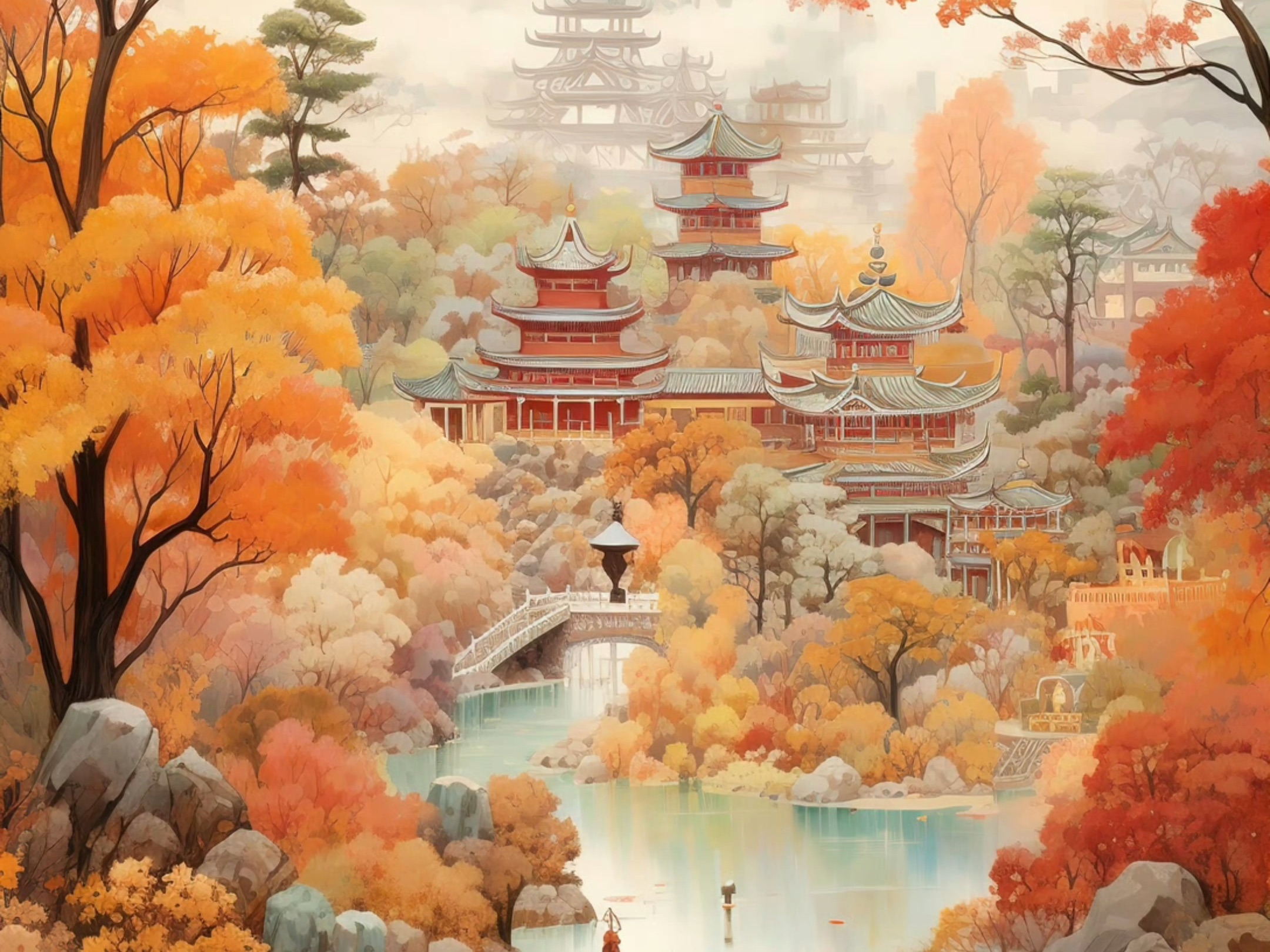 秋意浓:古风小镇的金色湖景