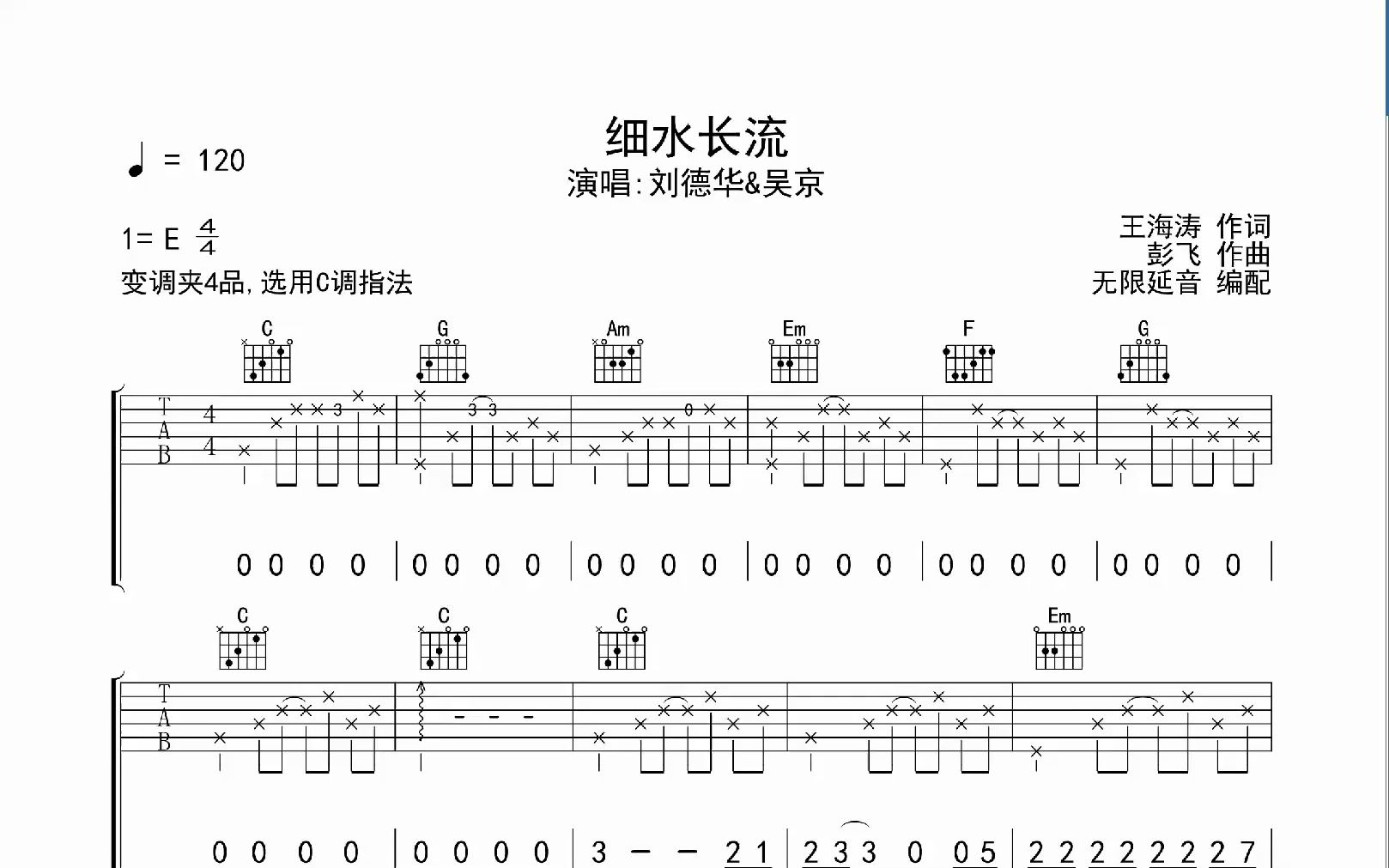 细水长流,吉他谱,吉他弹唱,动态吉他谱